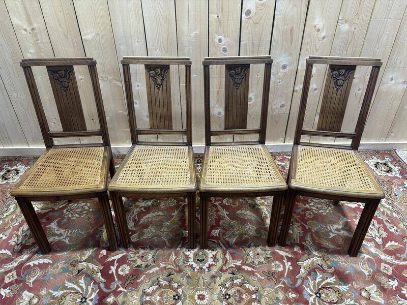 Série de 4 chaises art déco cannées