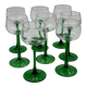 Set of 8 green stemmed wine glasses made in France.