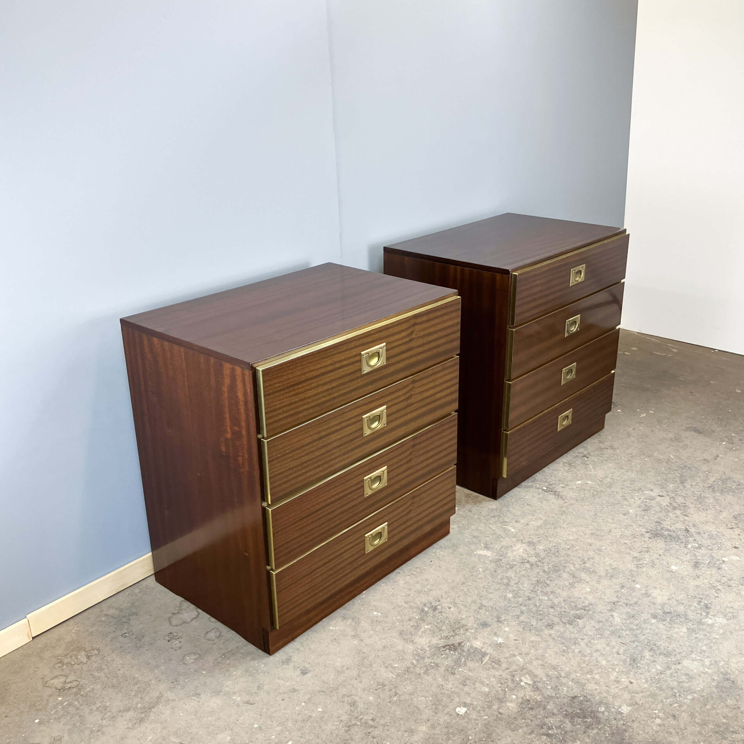 2 bedside tables/small chests of drawers in Campaign style, 1970s