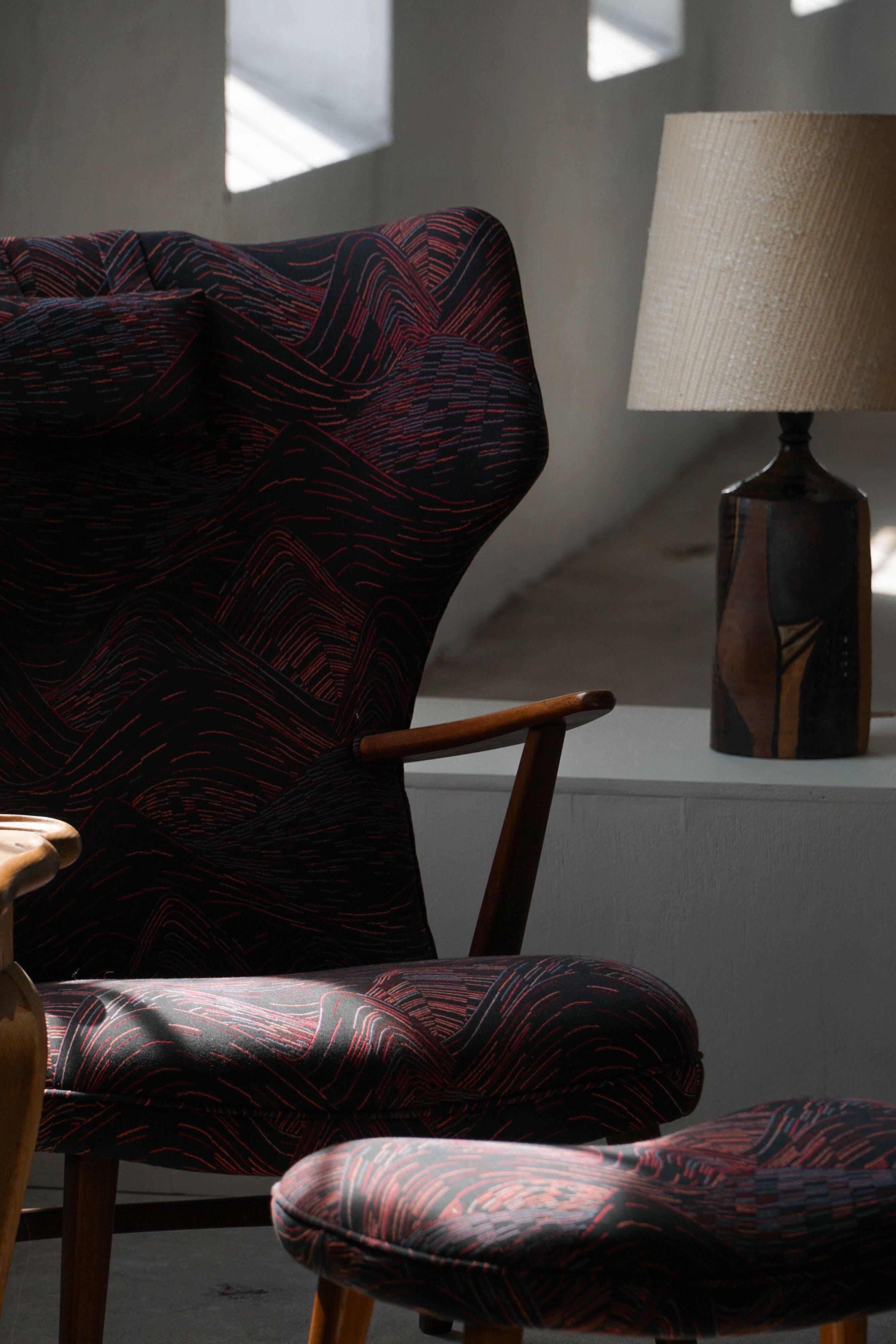Madsen & Schubell, accent chair and stool in teak, reupholstered, 1950s