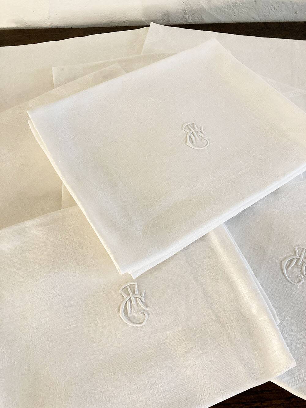 12 antique damask and monogrammed napkins