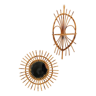 Mirror and shelf vintage rattan wicker 70's