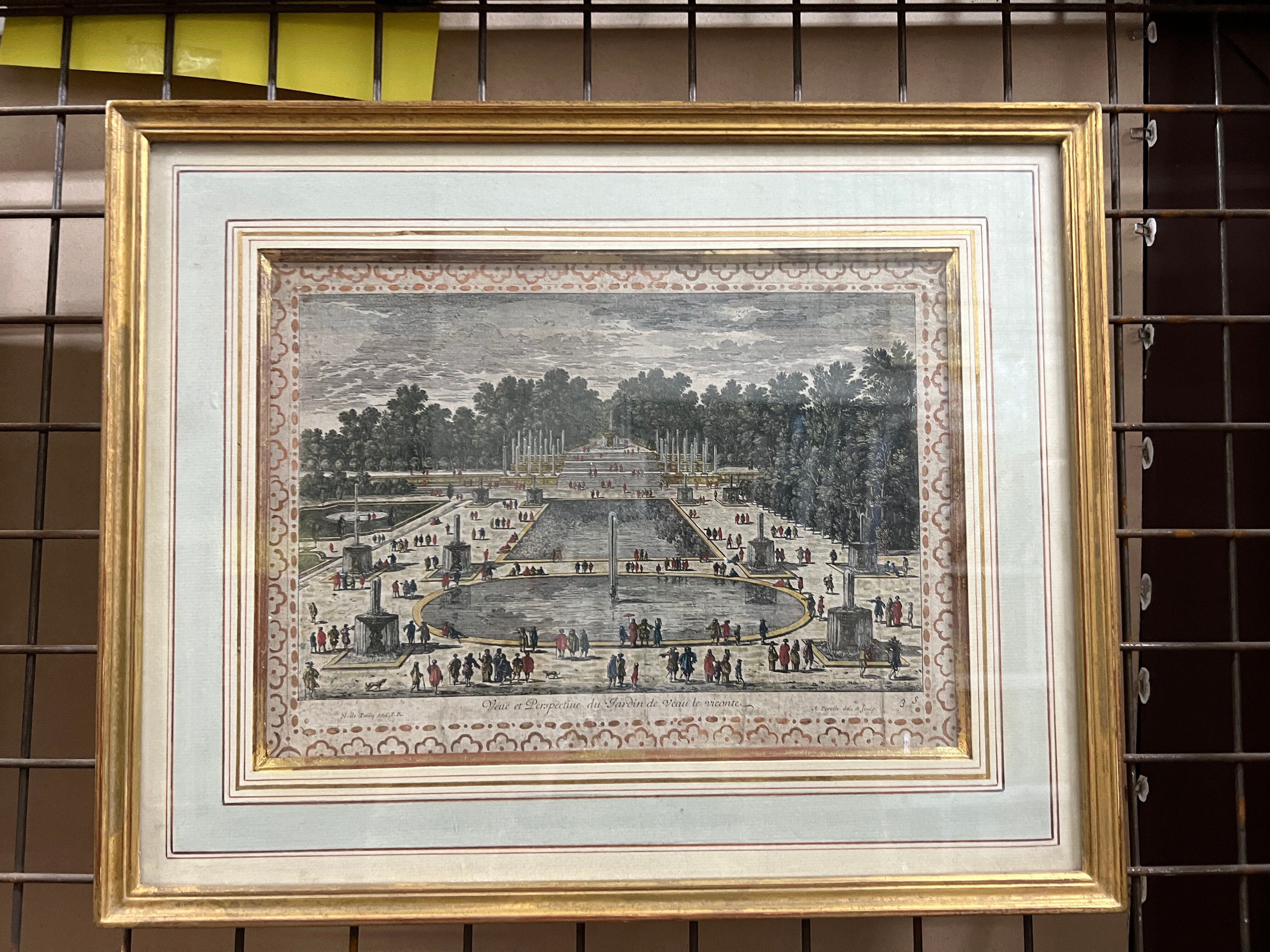 Antique engraving gilded outline XVIIth view Saint-Germain-en Laye
