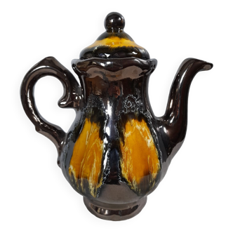 Brown and flamed yellow coffee/teapot from Vallauris, Humor - France Vintage