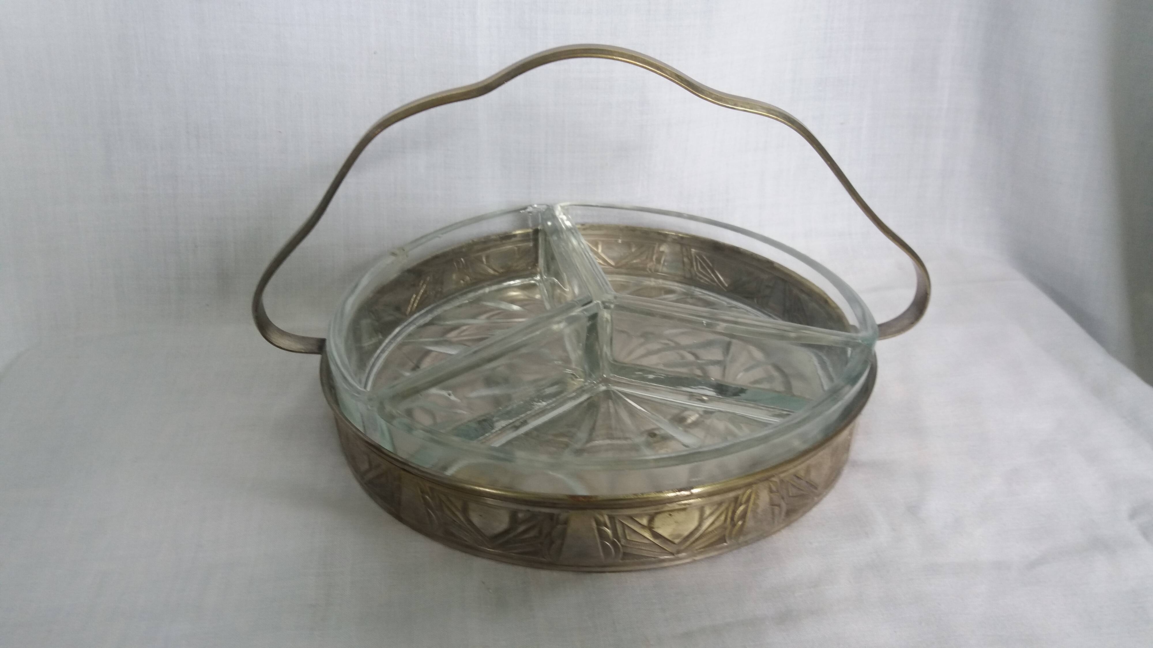 Aperitif platter, metal server and glass ramekins, Art Deco