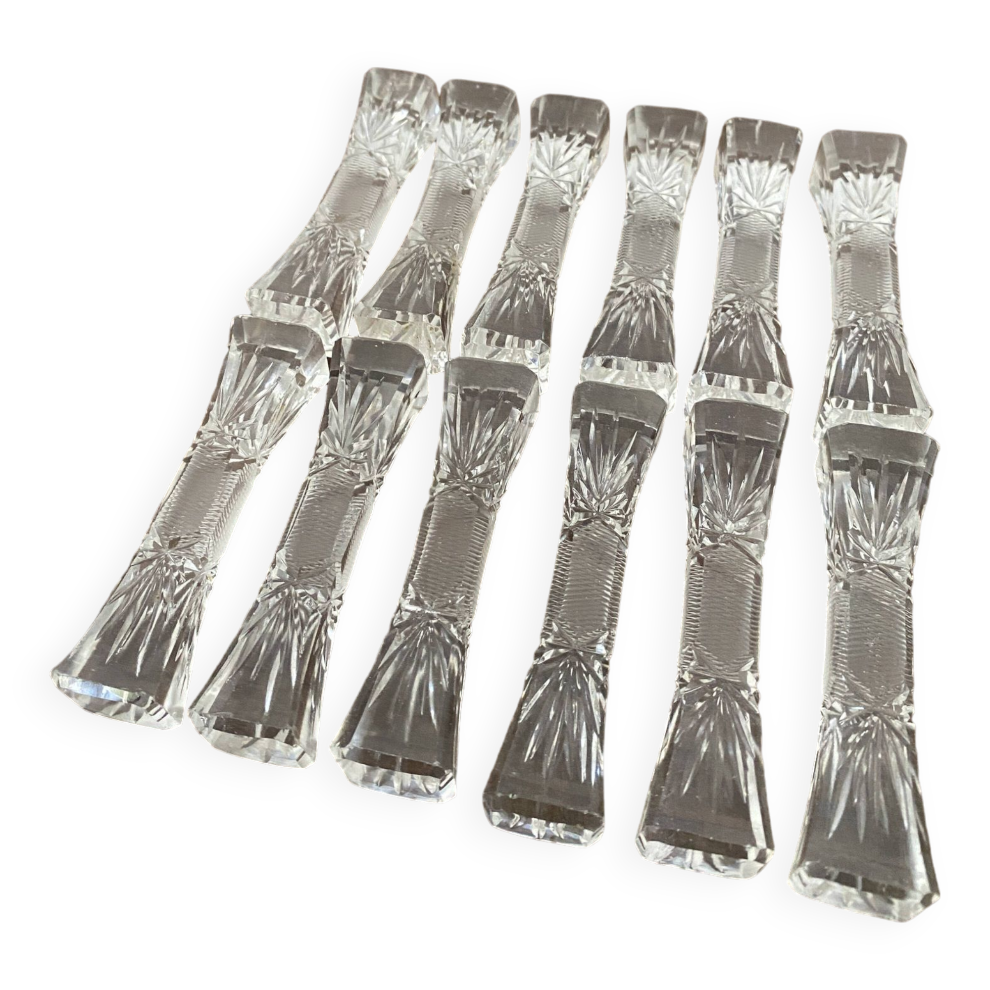 12 vintage knife holders in cut crystal, "candy", "butterfly" shape