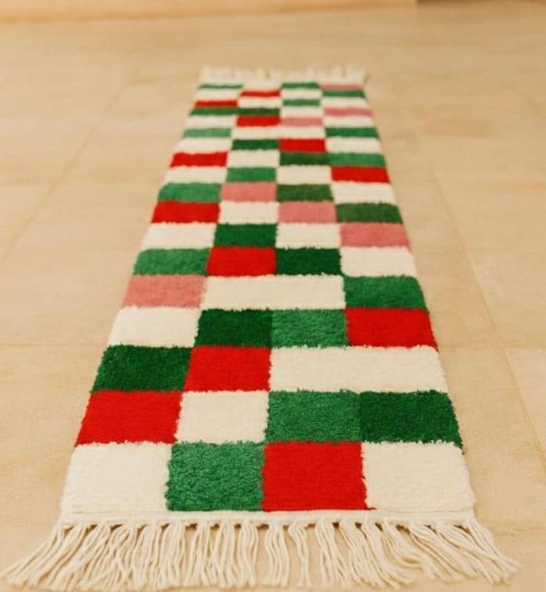 Tapis de couloir marocain de Noël – Tapis de couloir en laine à carreaux rouges et verts 300 x 70