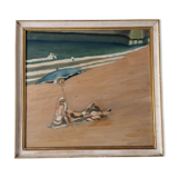 Mid century oil painting The Sunbathers