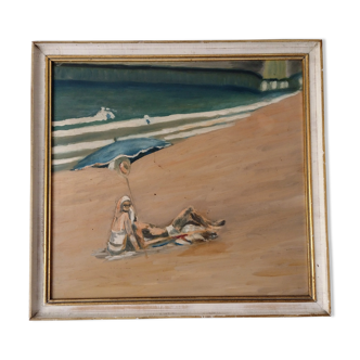 Mid century oil painting The Sunbathers