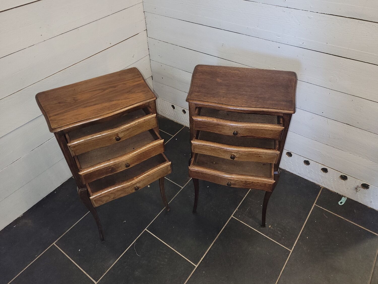 Pair of Louis XV style oak bedside tables