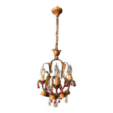 Lustre ancien en tôle dorée et pampilles de cristal rouge et blanc, 1900