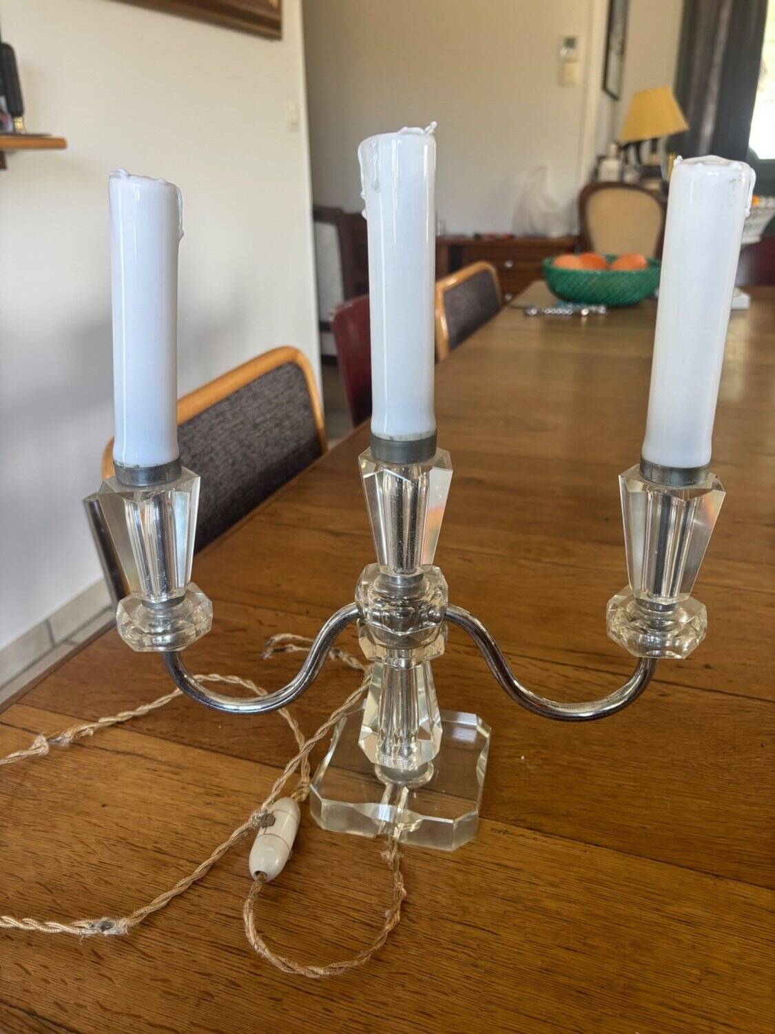 Pair of Electrified Art Deco Candle Holders – Cut Crystal & Chrome Metal 1
