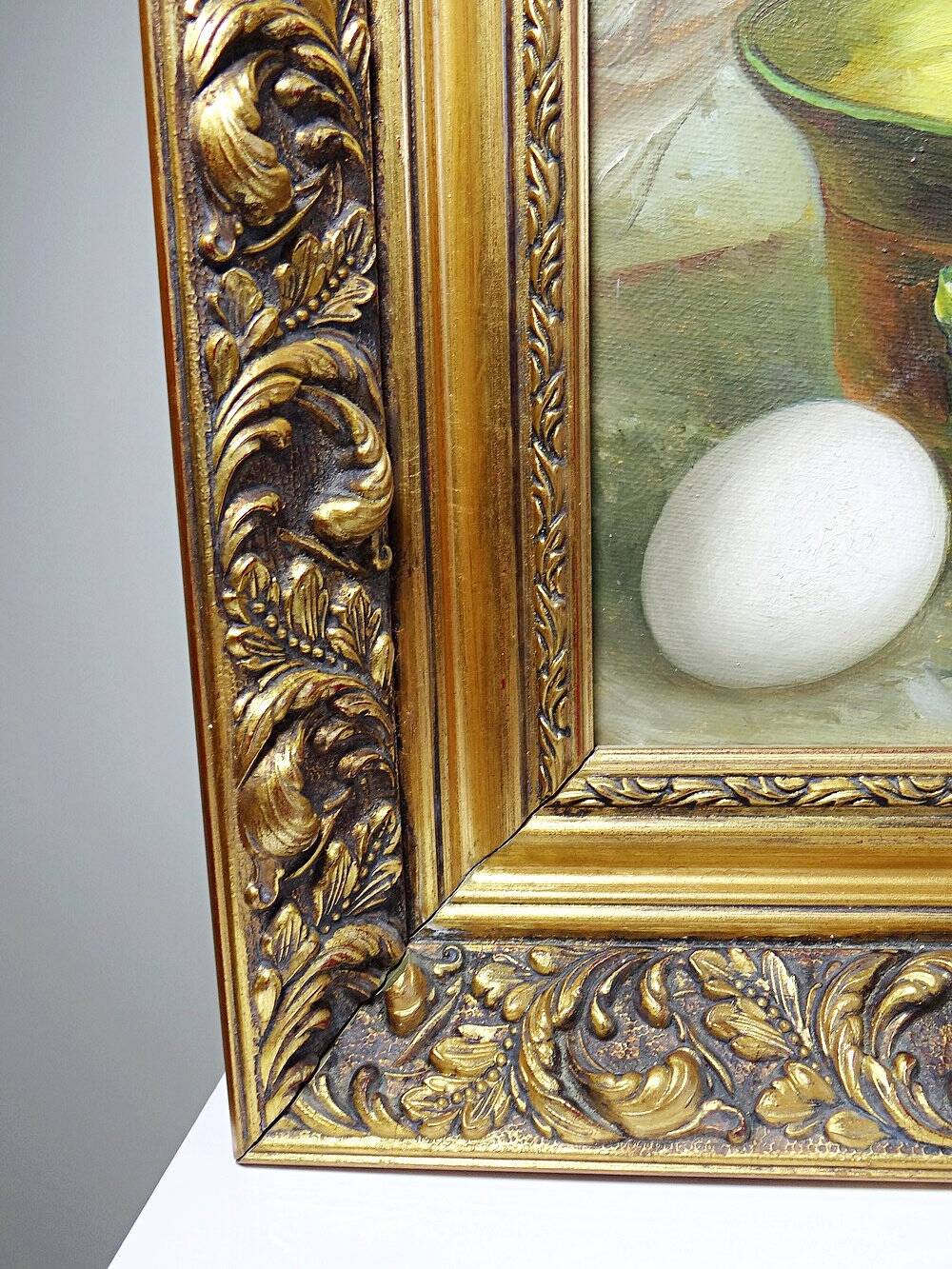 Still life with garlic, egg, and mortar signed Sarpe, 1979, oil on canvas.