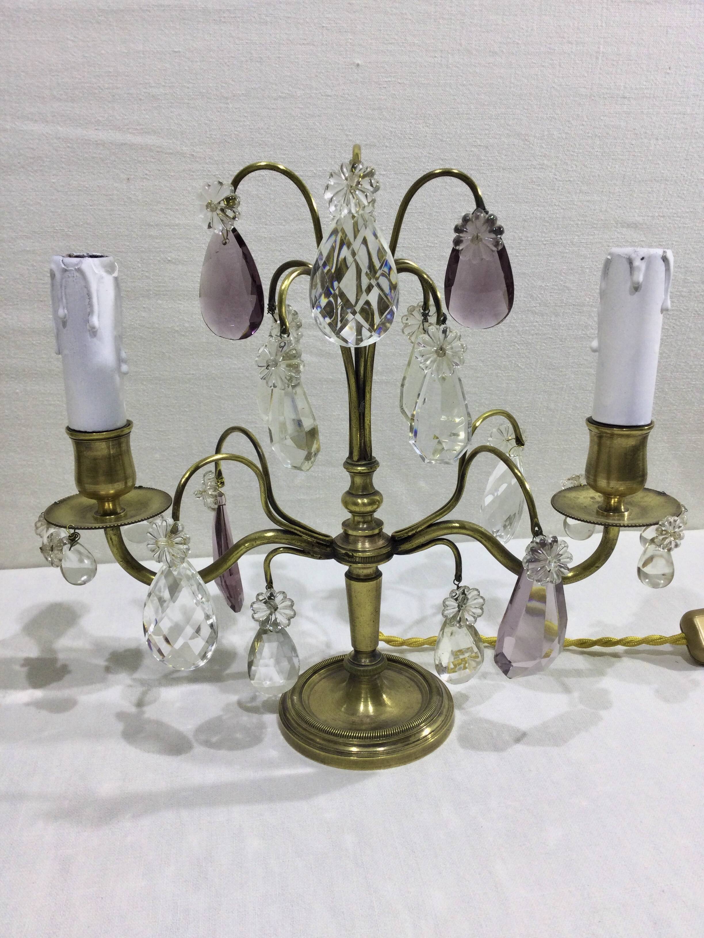 Pair of girandole lamps in bronze and crystal