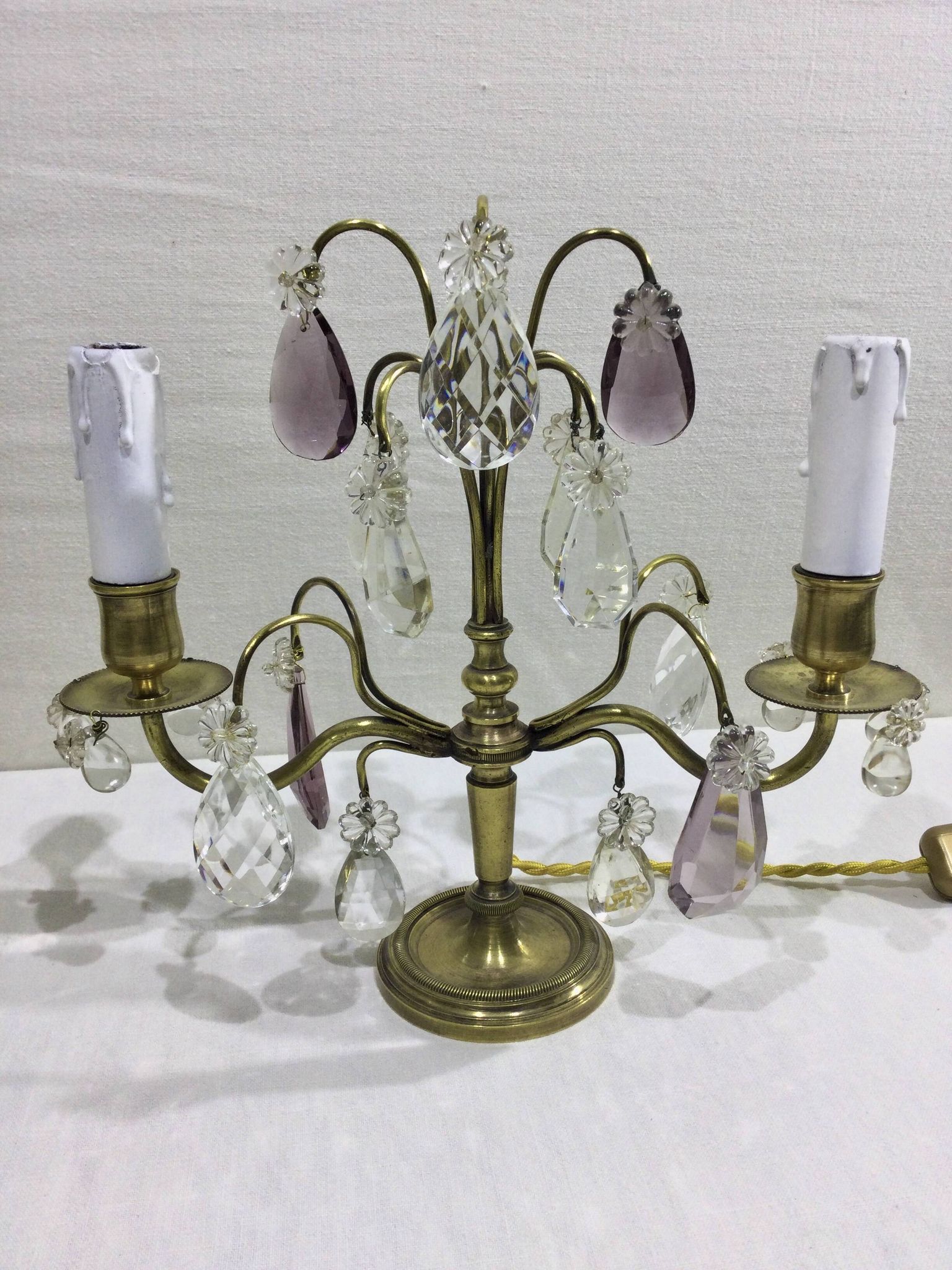 Pair of girandole lamps in bronze and crystal