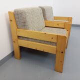 Set of 2 vintage fireside chairs in pine and fabric from the 70s