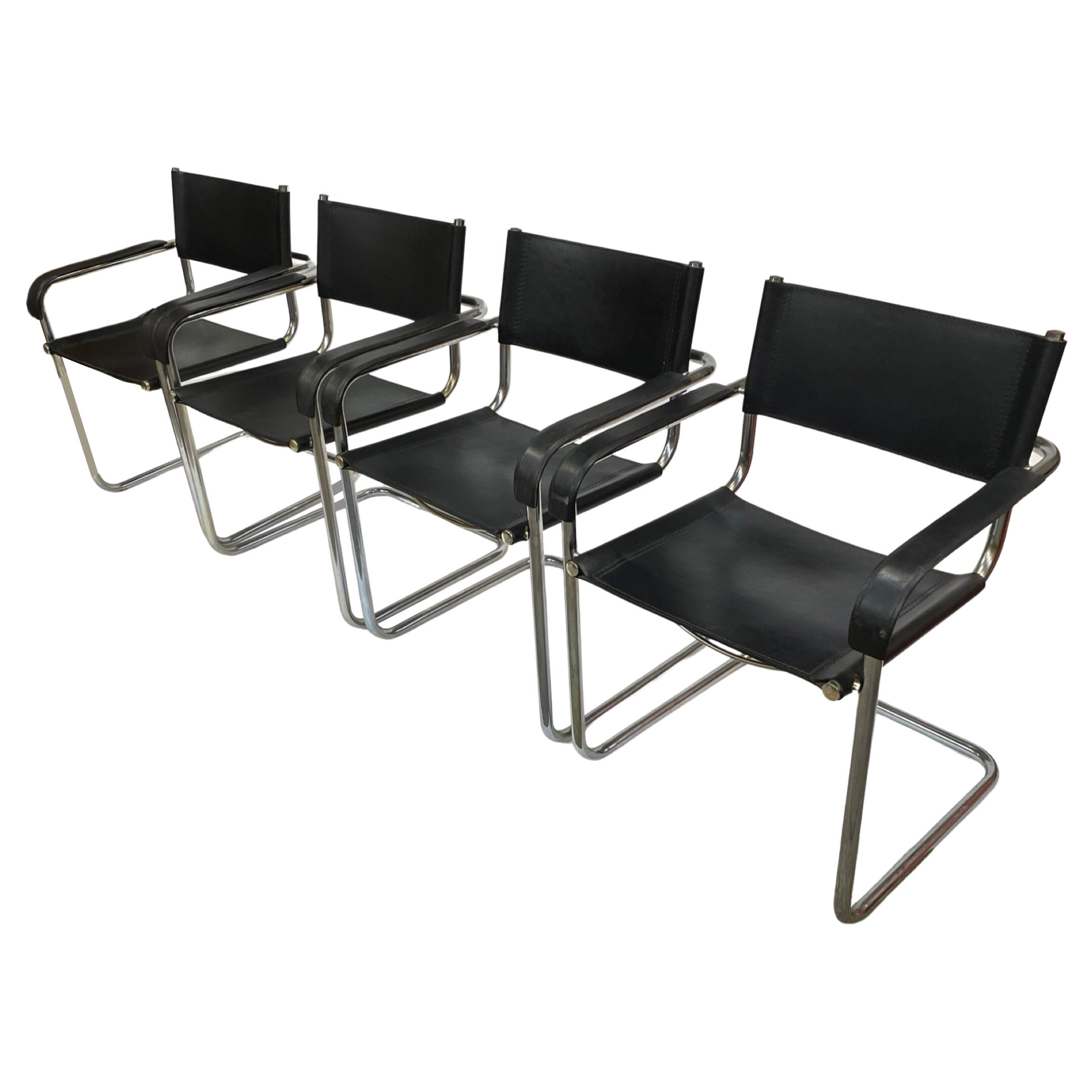 Set of 4 bauhaus cantilever chairs black leather and chrome design