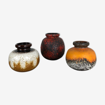 Set of Three Pottery Fat Lava Vases "Multi-Color" by Scheurich, Germany, 1970s