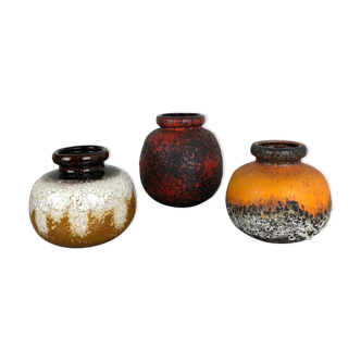 Set of Three Pottery Fat Lava Vases "Multi-Color" by Scheurich, Germany, 1970s