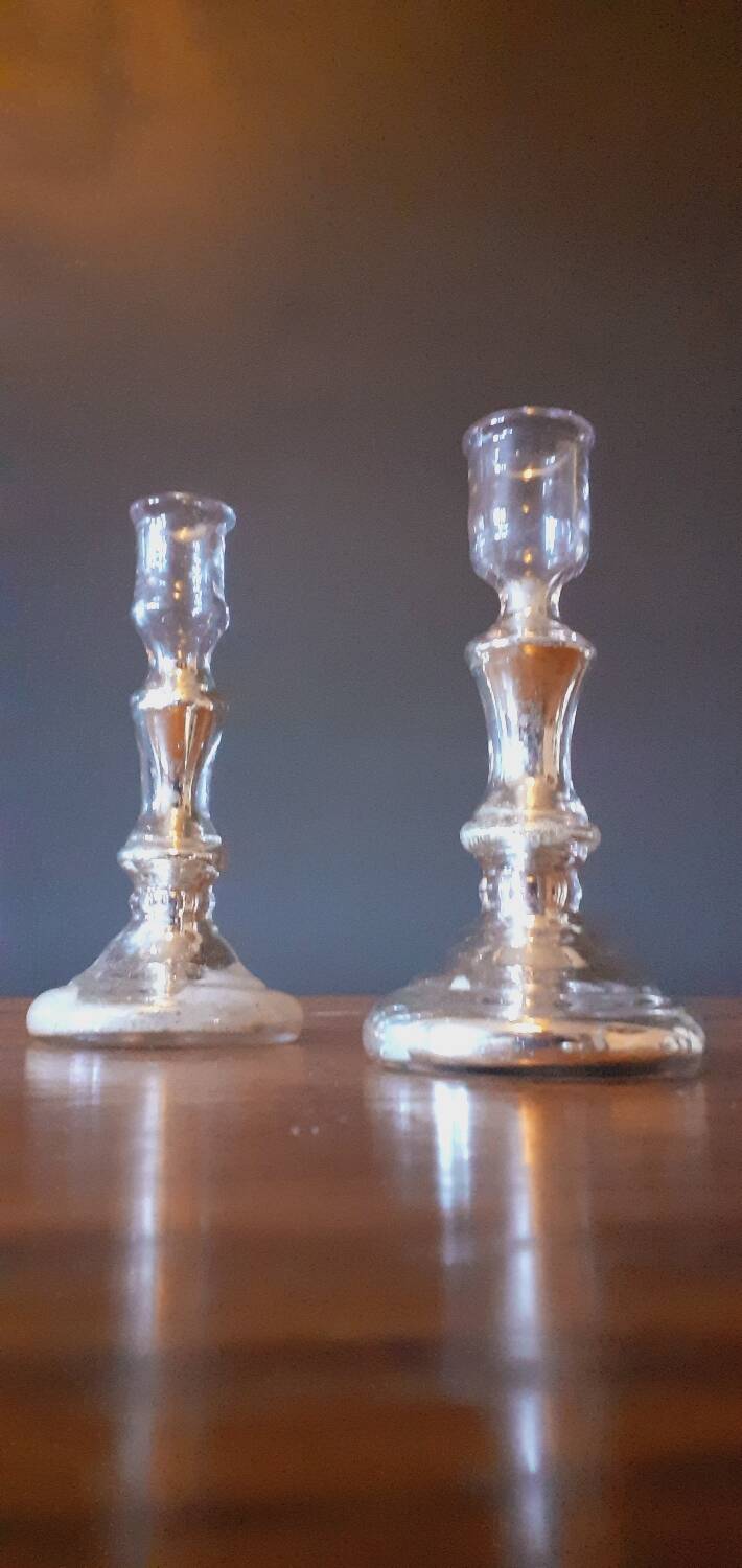 Pair Of Old Candlesticks In Eglomized/Mercurized Glass
