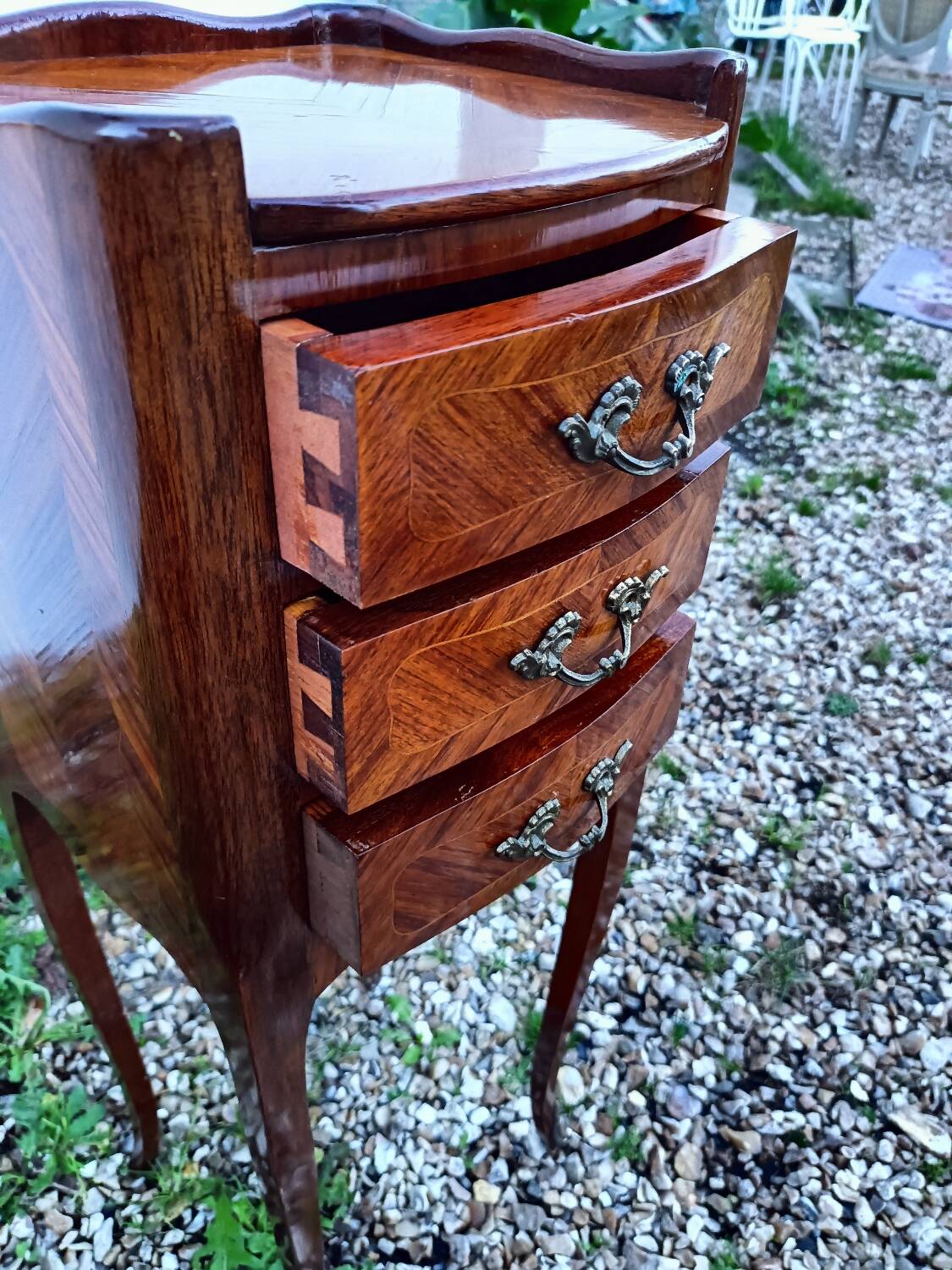 Pair of bedside tables in old Louis XV style marquetry