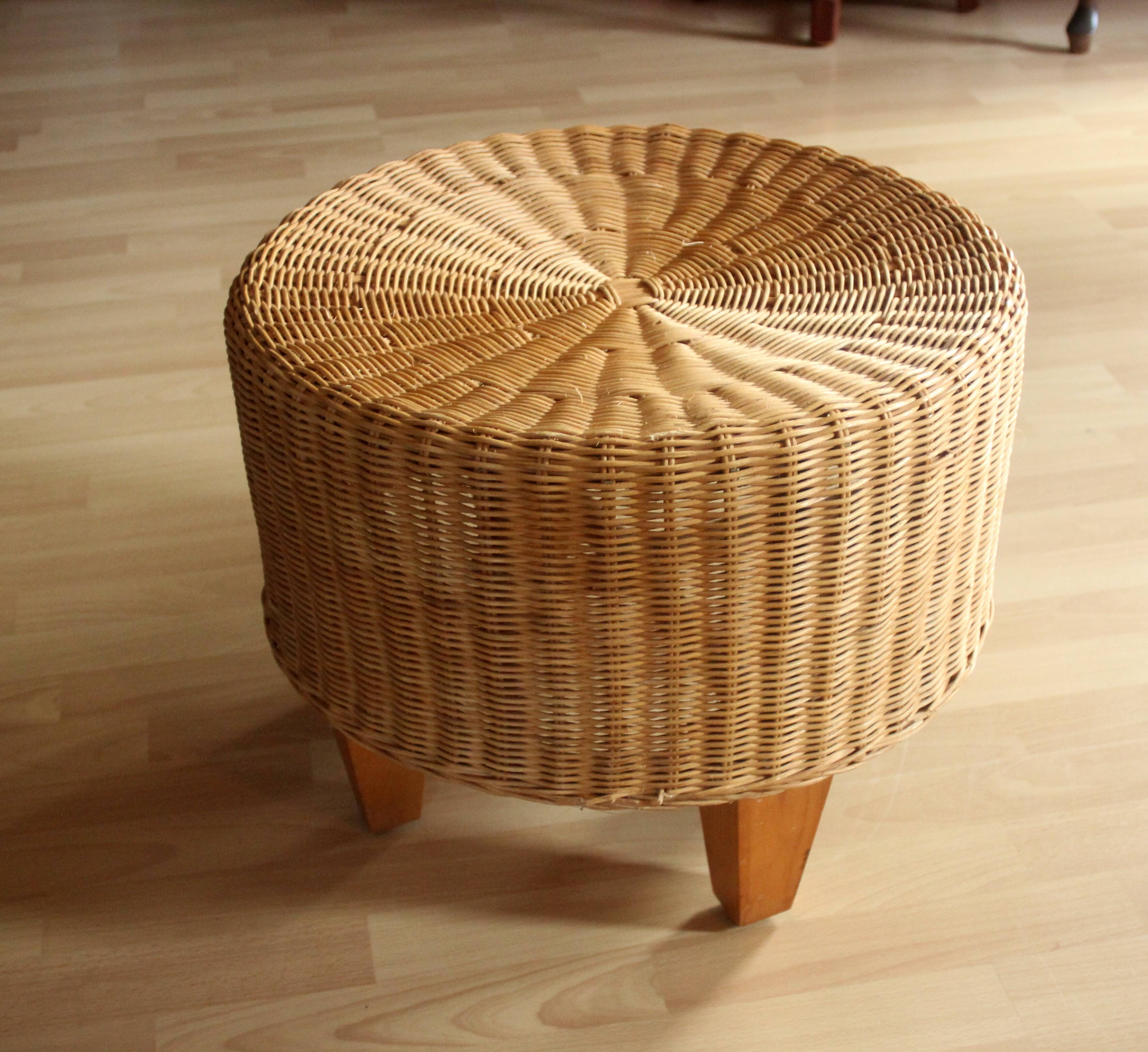 Table d'appoint ronde en rotin, bambou et bois - Vintage