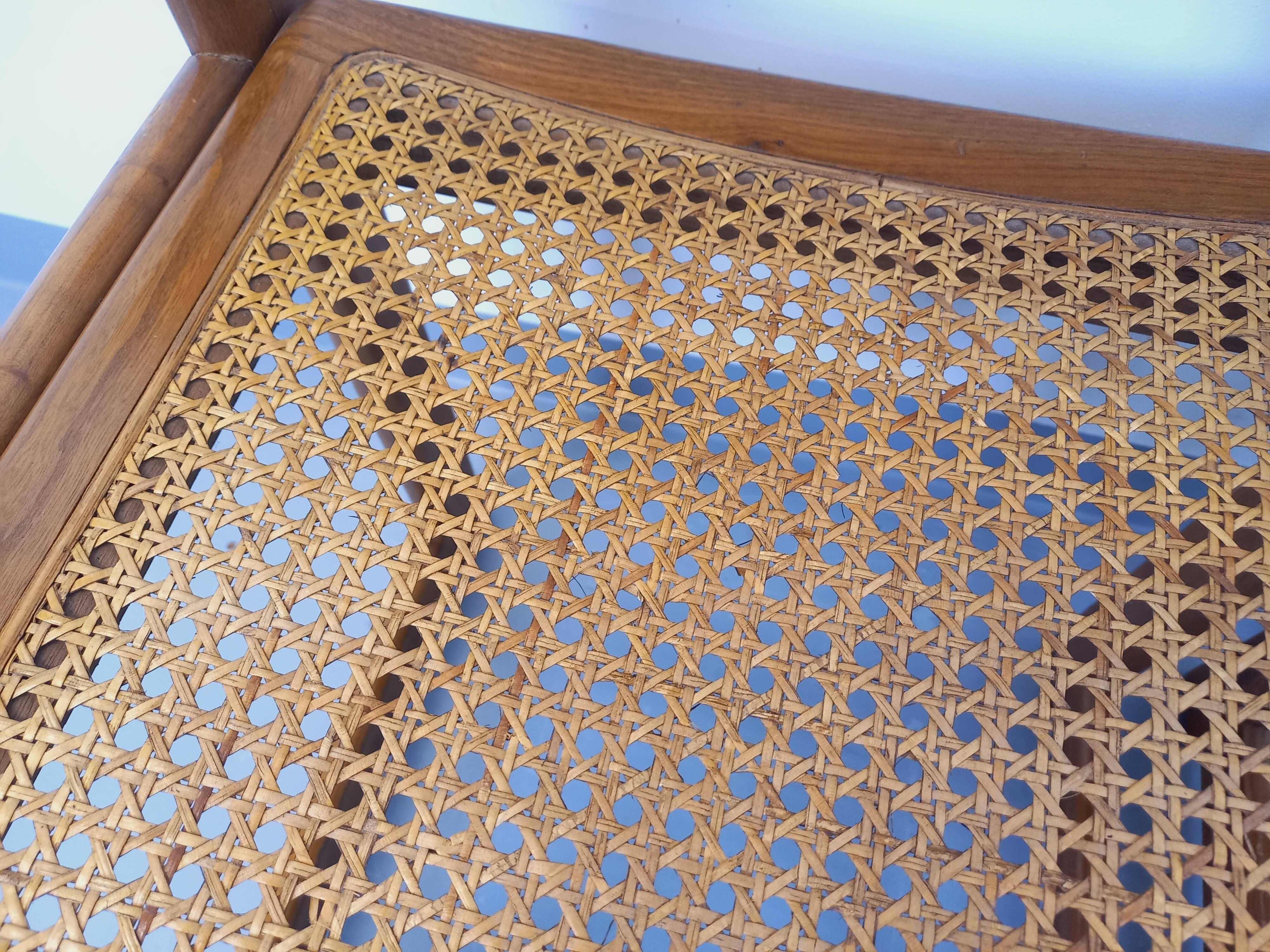 Pair of vintage sleigh chairs in beech wood and cane from the 70s