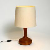 Beautiful minimalist 80s DOMUS teak table lamp with original wild silk fabr