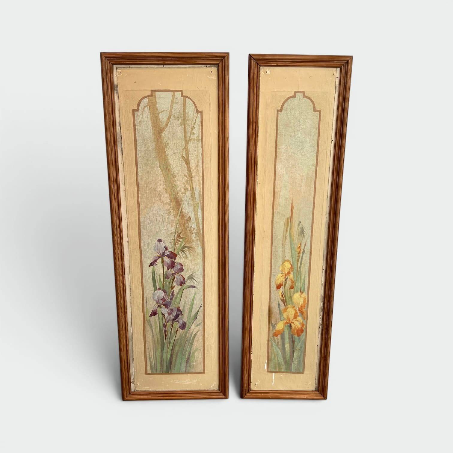 Pair of Art Nouveau Decorative Panels with Purple and Yellow Irises. Work