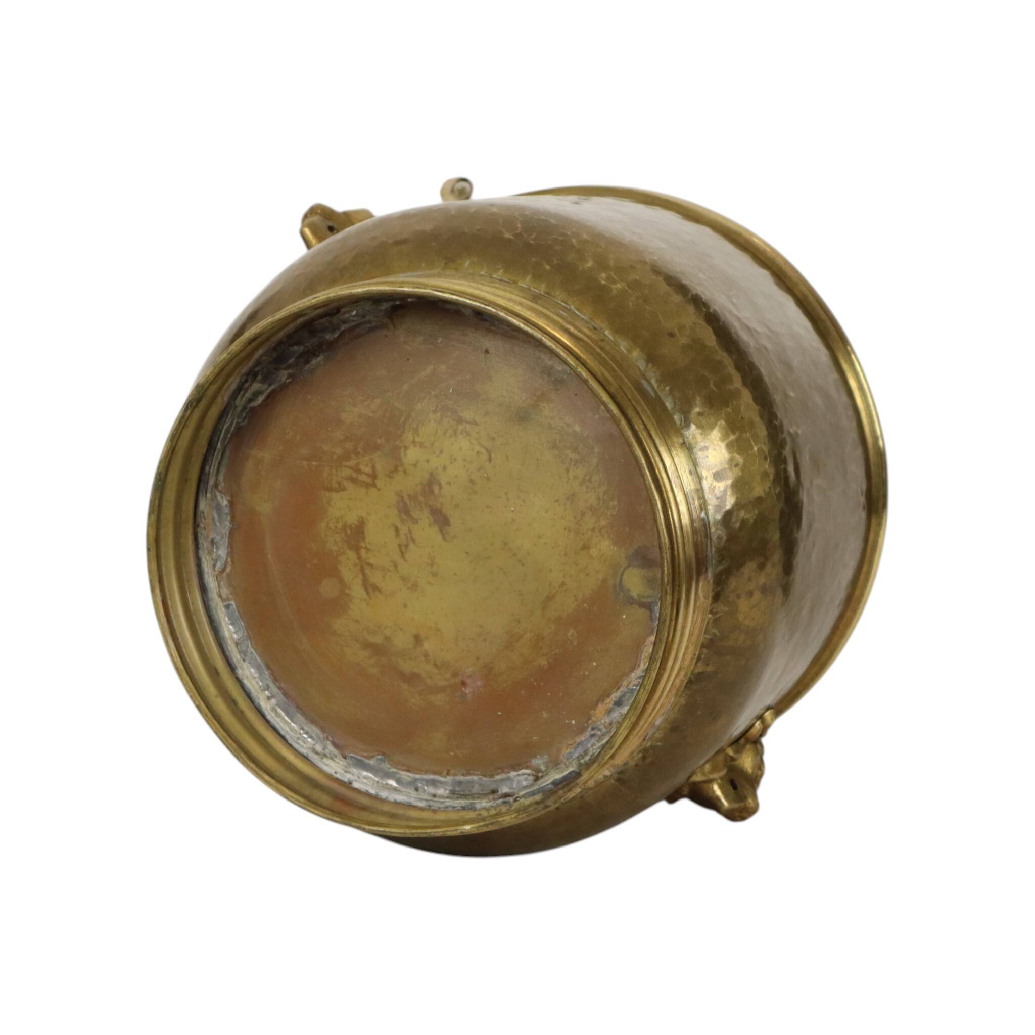Large Hammered Brass Jardinière/Planter with Lion Heads