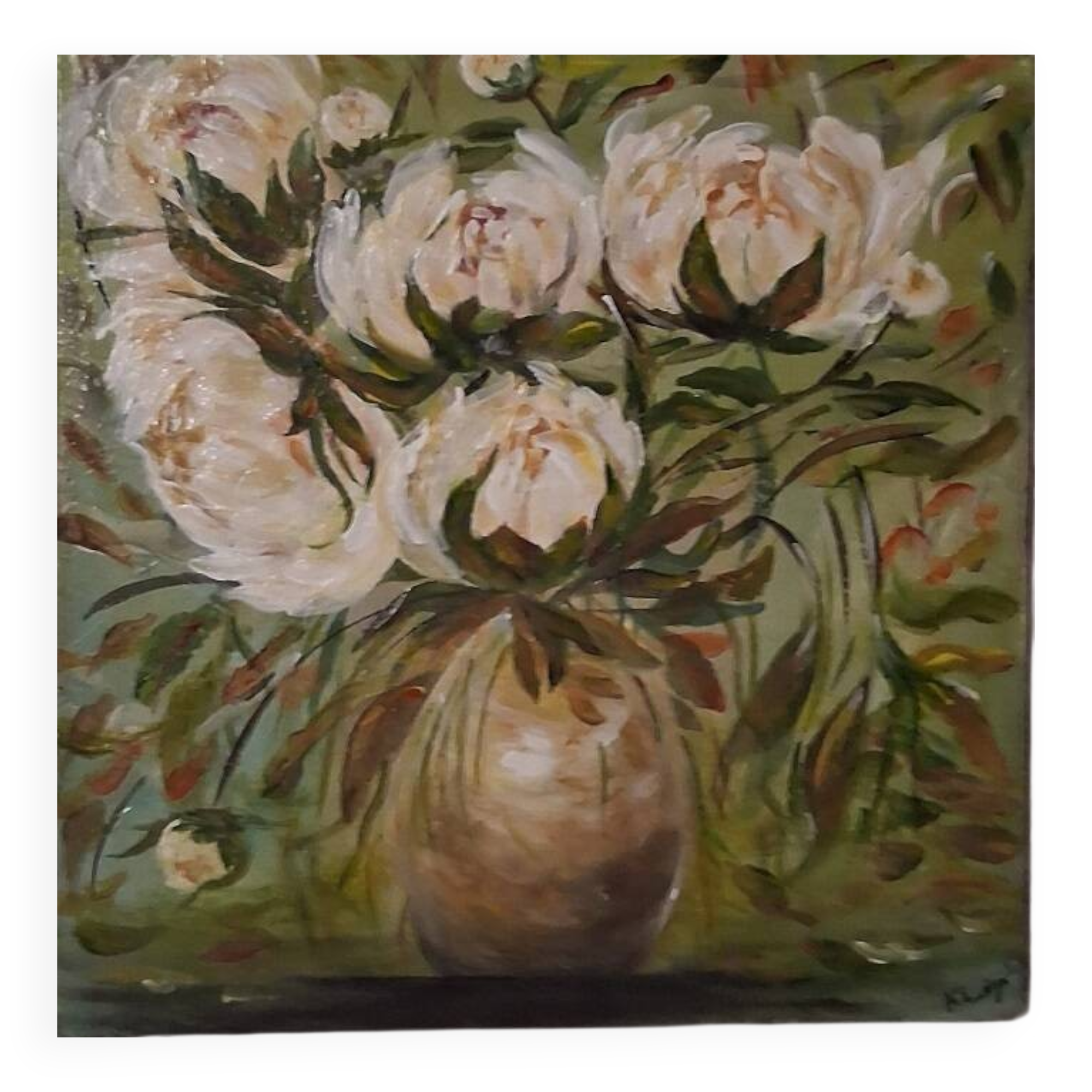 Original signed peony flower bouquet painting with its certificate