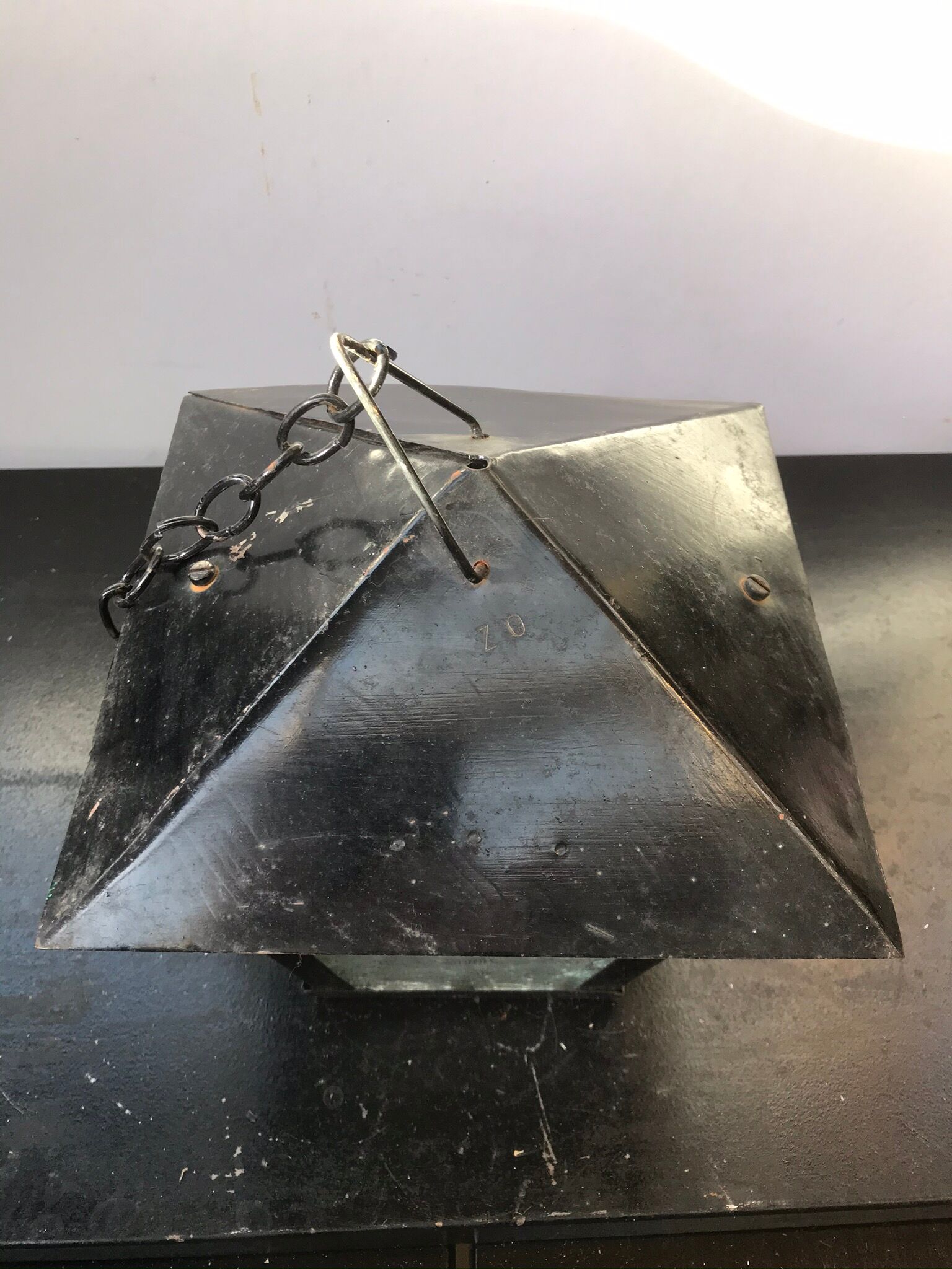 Suspension Old Lantern Metal Black - Vintage 70s Moulded Glass