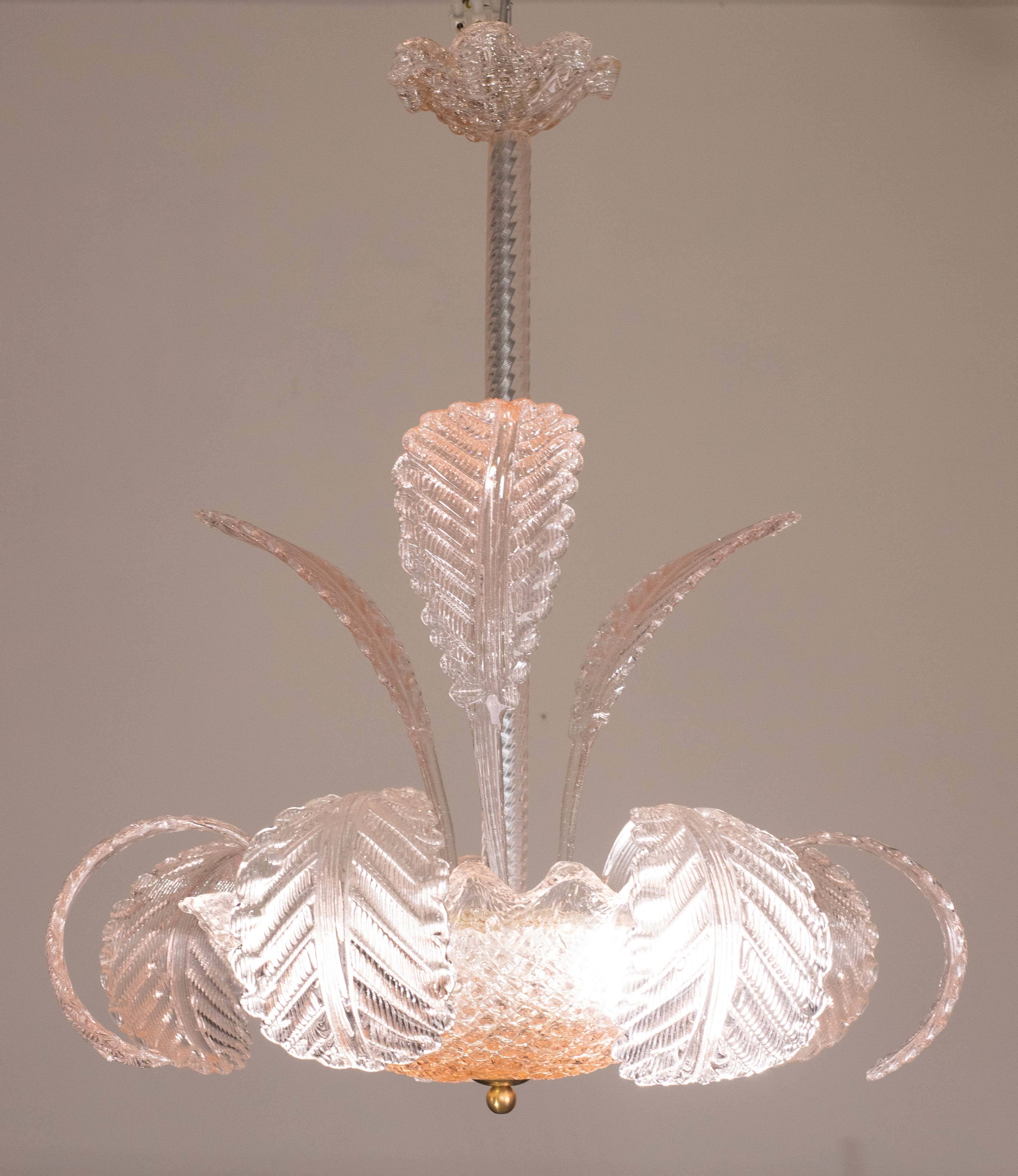 Pink Art Decò Barovier e Toso Chandelier, Murano Glass, 1950s