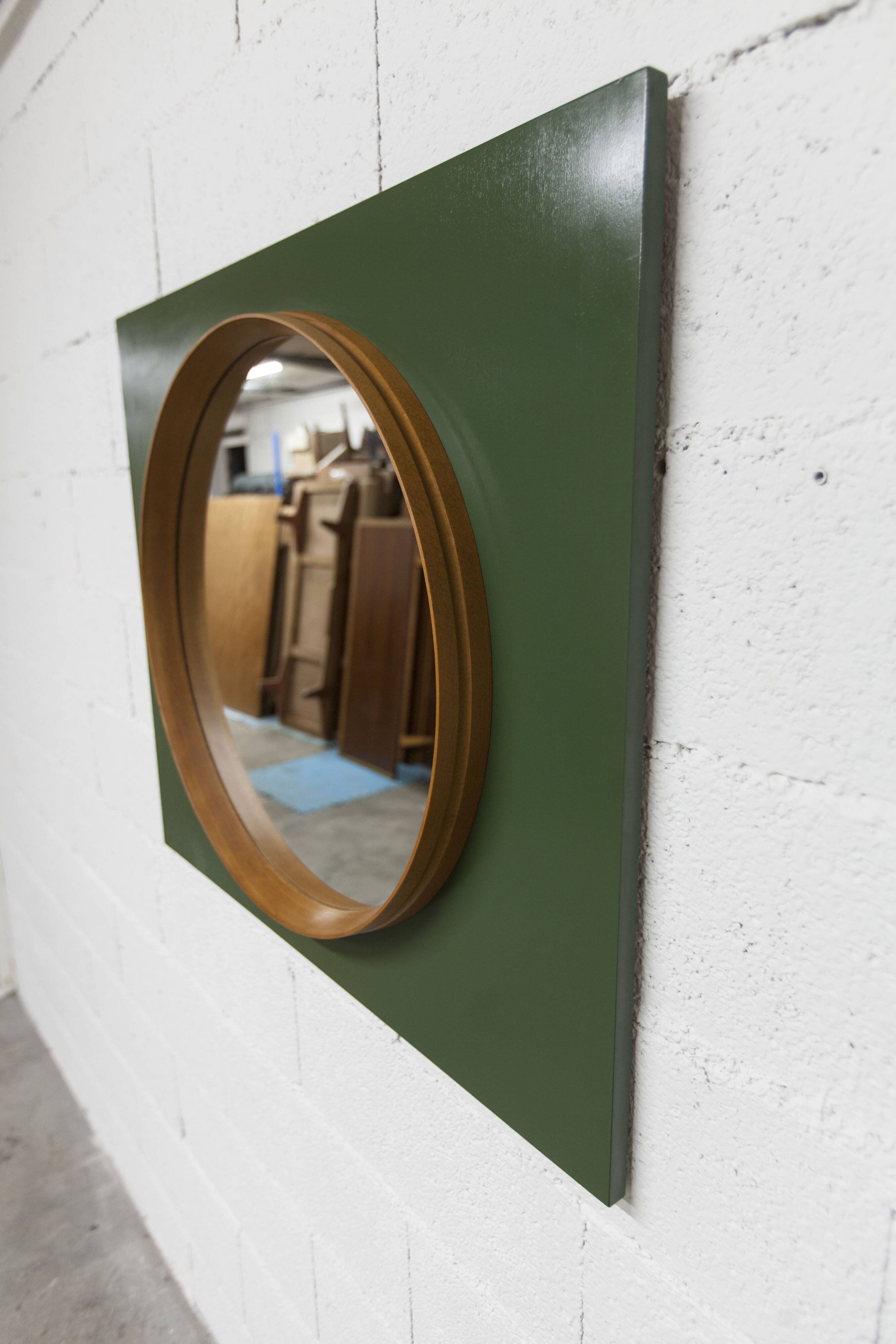 Unusual round wall mirror 60 cm teak edge on green rectangular board 1960.