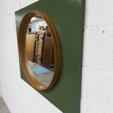 Unusual round wall mirror 60 cm teak edge on green rectangular board 1960.