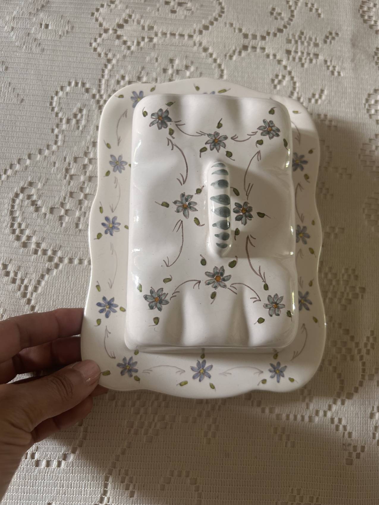 Handcrafted floral earthenware butter dish from the 1970s – Artisan production