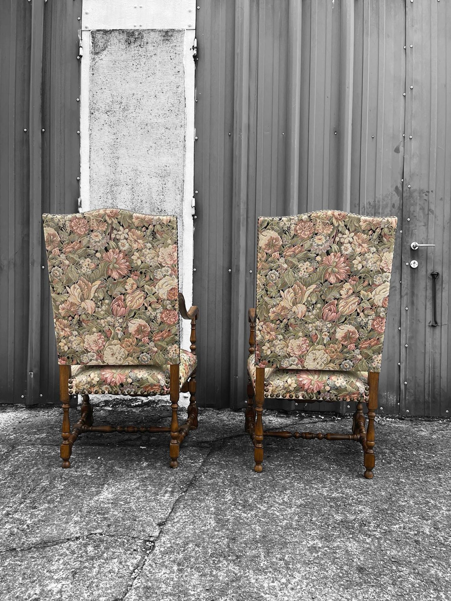 Pair of large ceremonial armchairs in Louis XIII style with tapestry f
