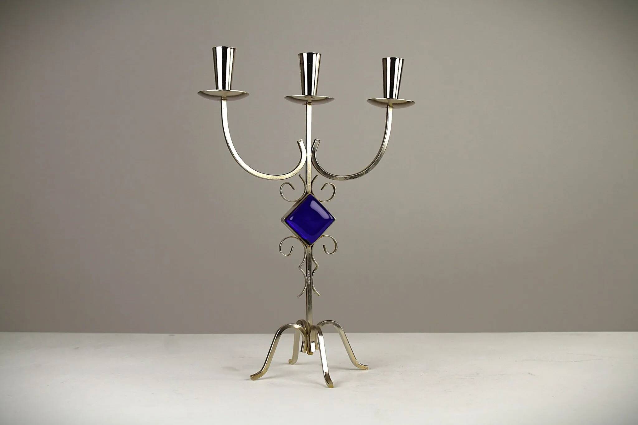 White Brass & Cobalt Blue Art Glass Candelabra by Gunnar Ander for Ystad-Metall — Sweden, 1960s