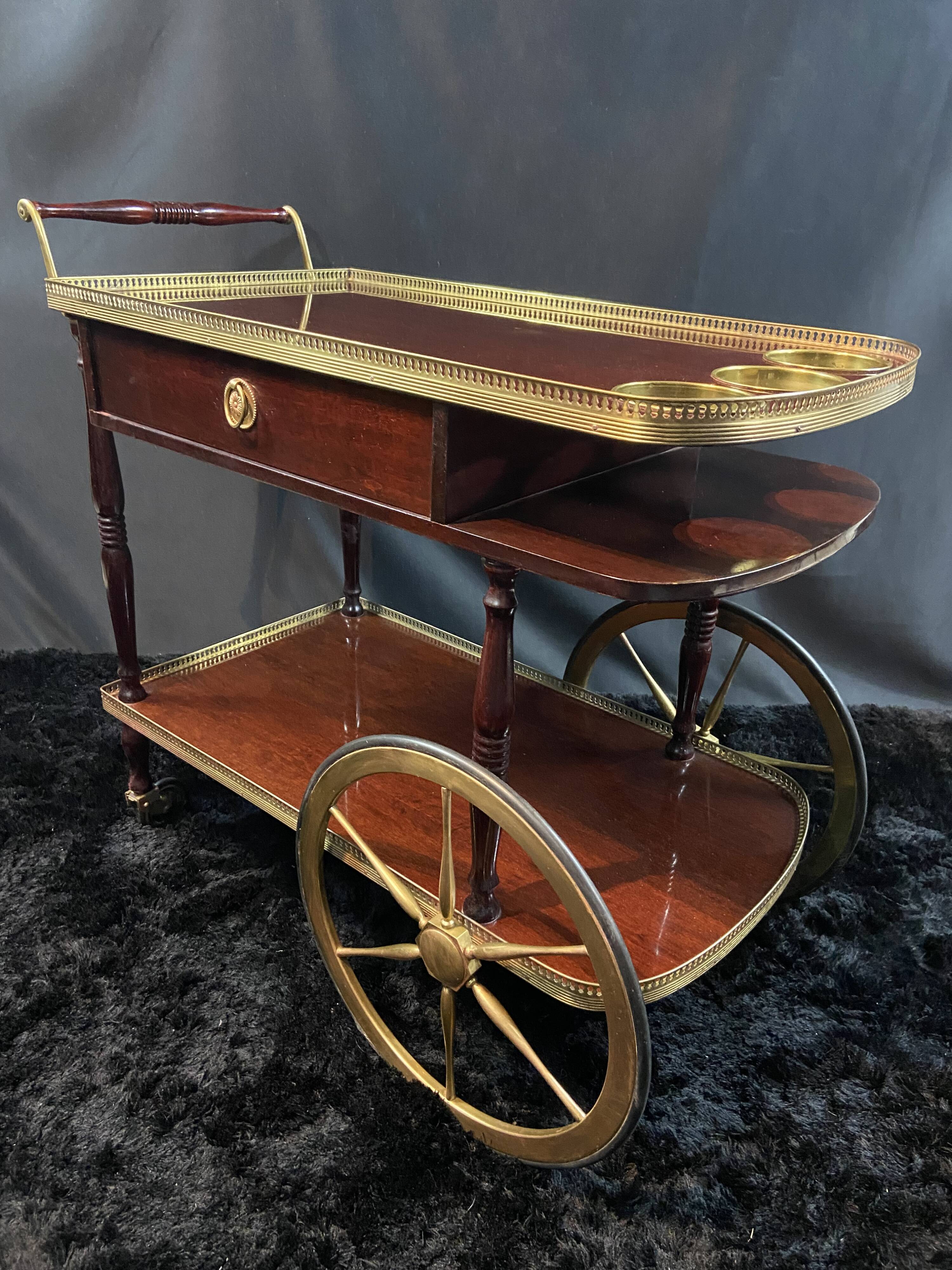 Rolling bar cart, bar trolley, bar rolling in varnished mahogany and brass