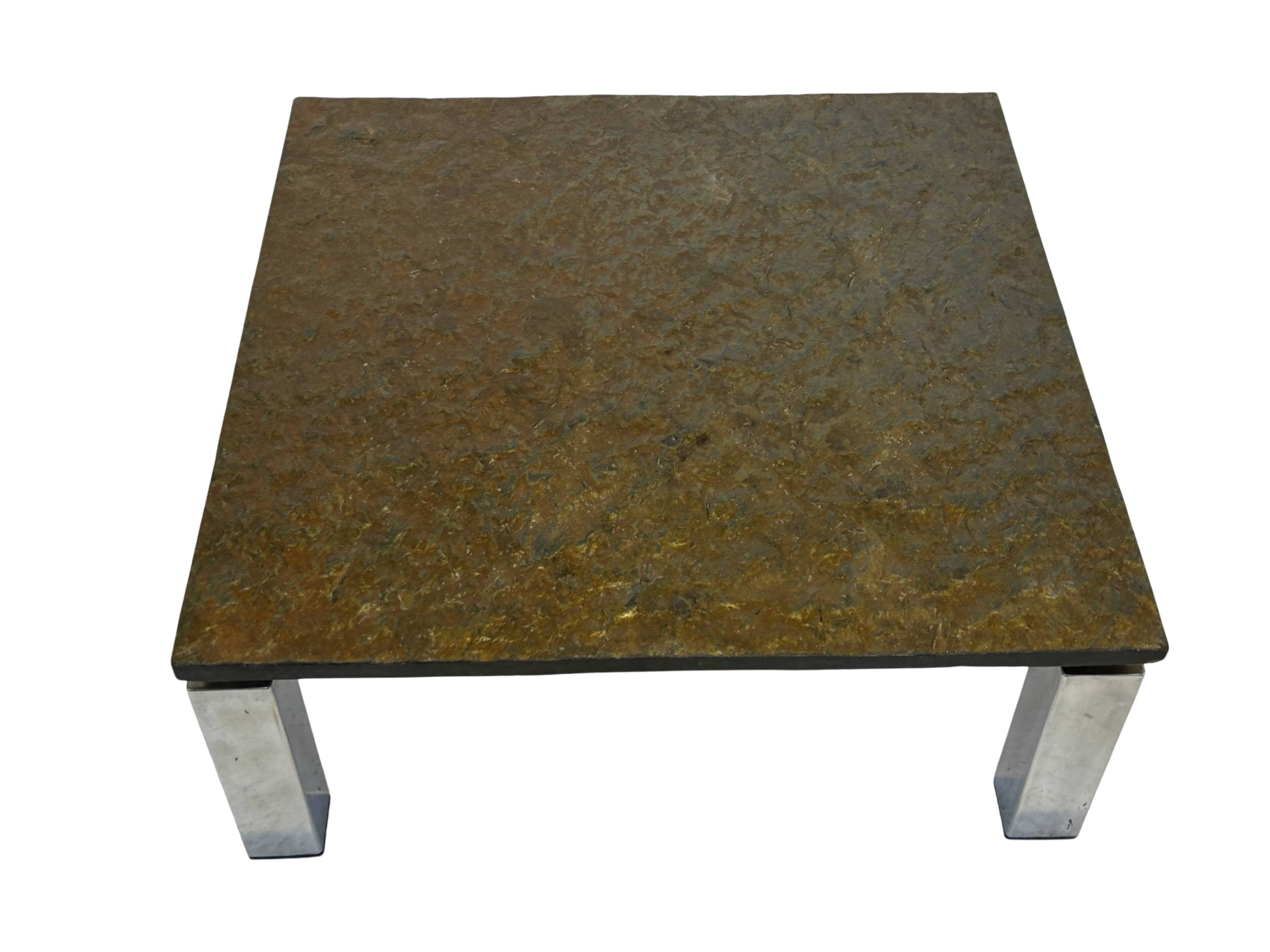 Table basse carrée plateau en pierre et piètement en acier chromé - années 60
