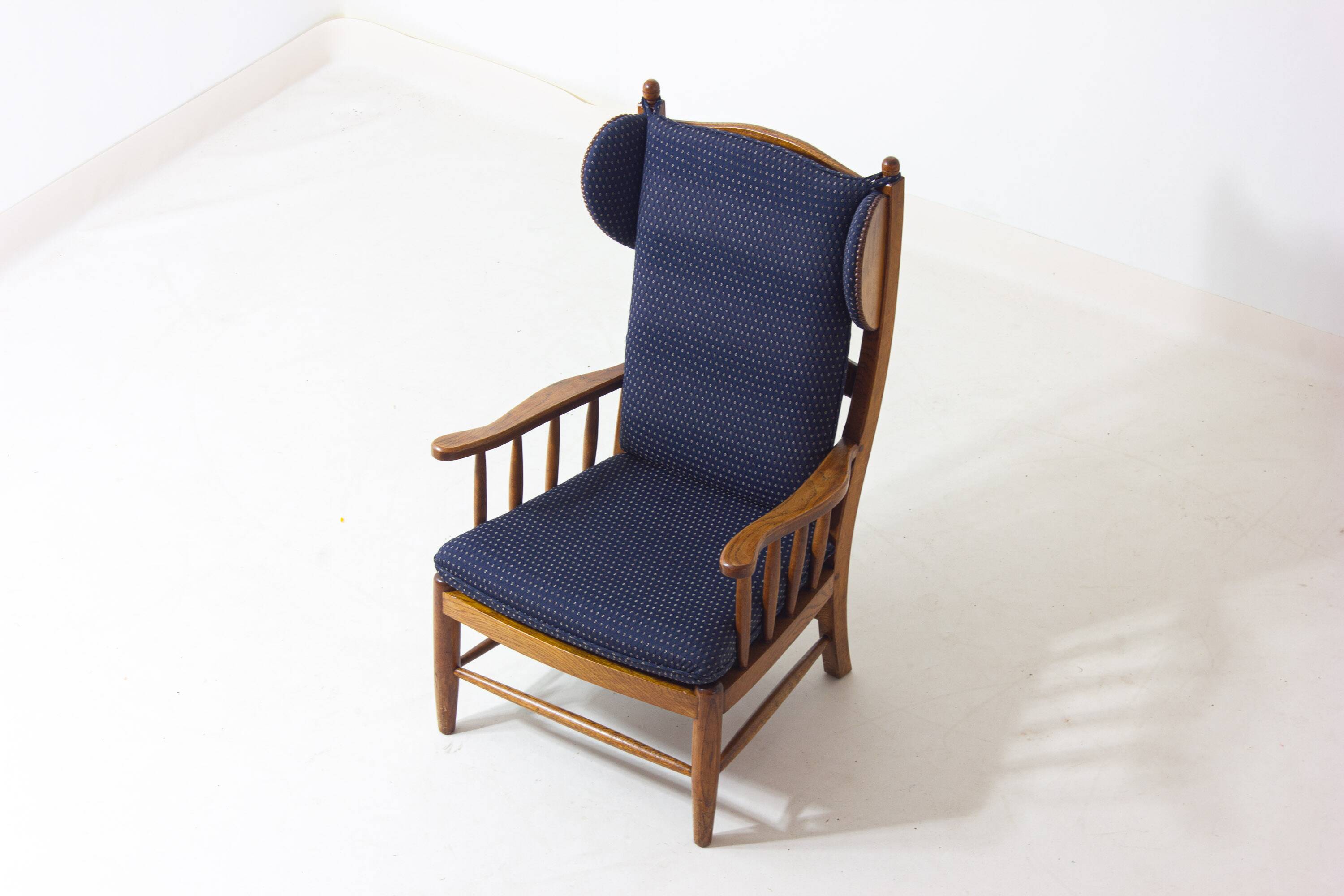 French lounge chair in oak and blue fabric, 1960s