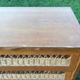 Vintage oak-plated chest of drawers and rattan with compass base as it is.
