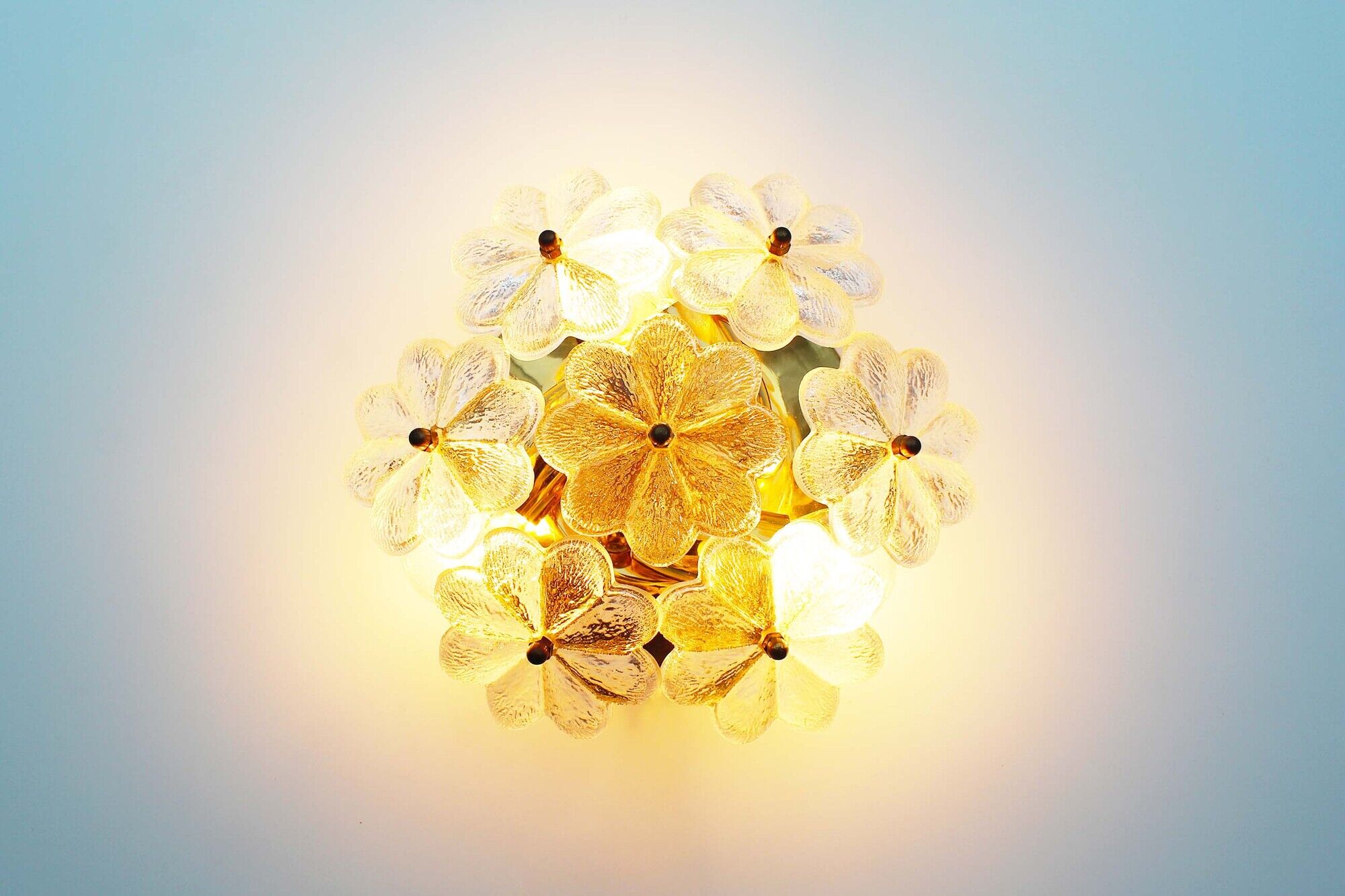 Petite brass and Murano glass flower flush mount light by E. Palme
