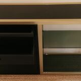 Console set and its mirror, black and gold, 80s