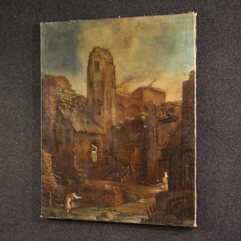 Antique Spanish landscape painting from the 18th century