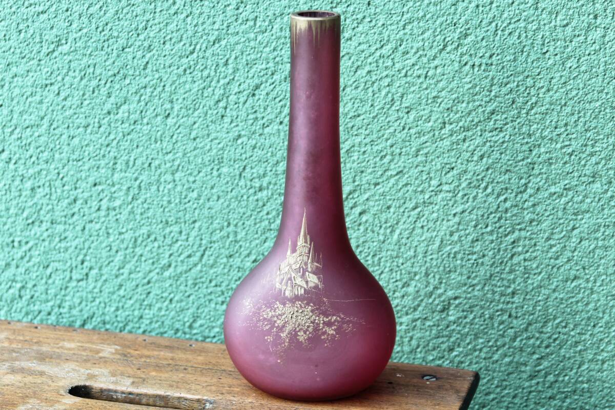 Blown soliflore vase in frosted glass, gold enameled