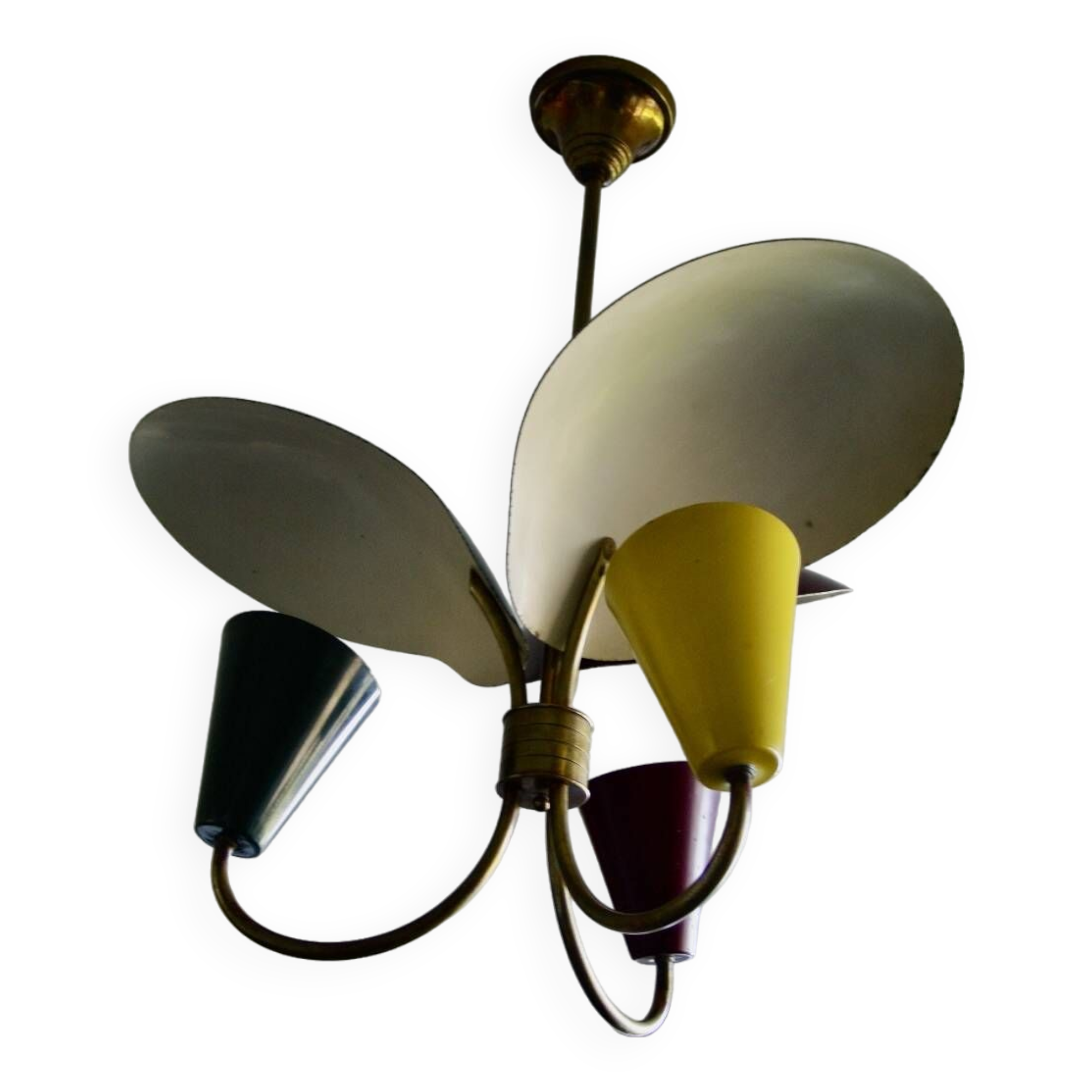 Vintage tri-color chandelier in lacquered steel and brass