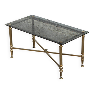 Table basse vintage française en verre fumé et laiton - Style Hollywood Regency - Années 80