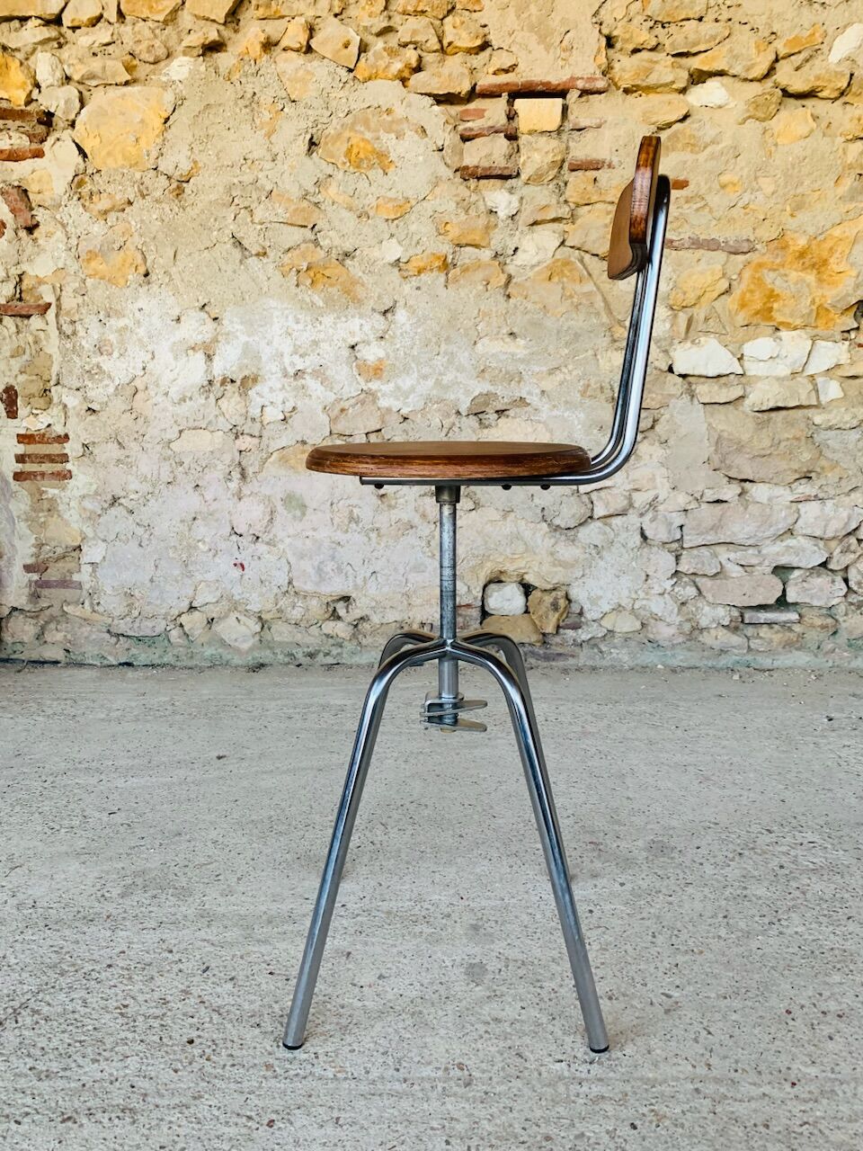Vintage industrial metal and wood stool with adjustable swivel seat, 1960's