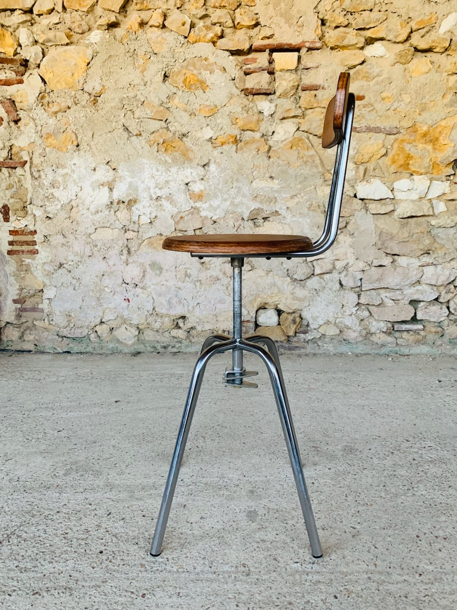 Vintage industrial metal and wood stool with adjustable swivel seat, 1960's